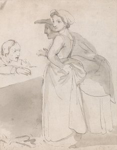 Two Women Talking to a Man at a Counter by John Flaxman